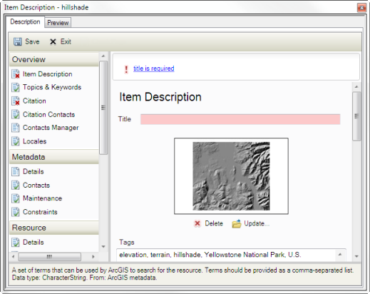 arcgis 10.3 how to change the metadata