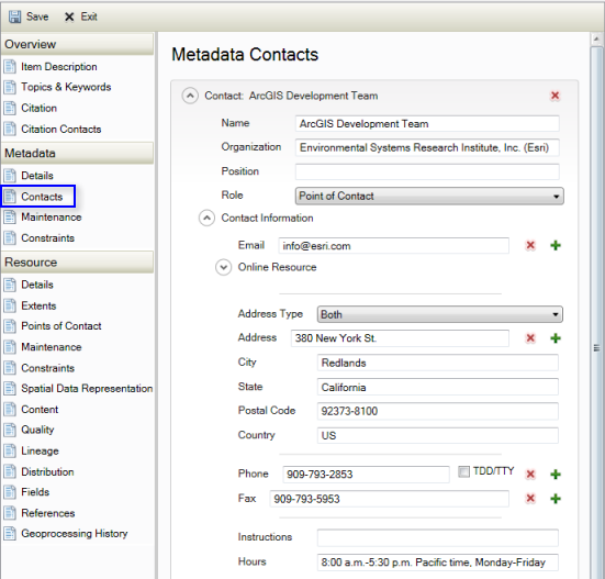 The Contacts page under the Metadata heading lets you identify the contact for the metadata