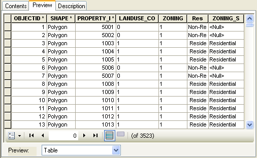 A table in ArcCatalog is previewed as it is setup in the geodatabase