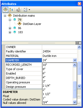 A list of coded value domains for a pipe diameter