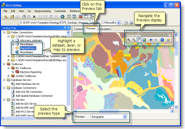 The contents and preview panel in ArcCatalog