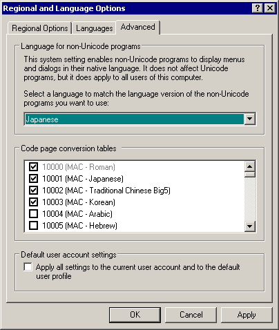 Non-Unicode language setting