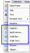 Insert menu legend, north arrow, and scale