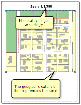 The geographic extent of the map remains the same and the map scale changes accordingly.