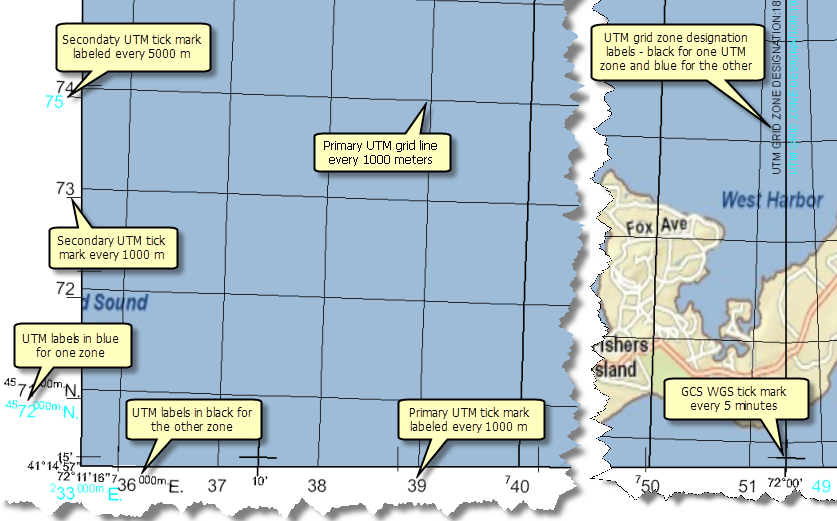 Components of the Grid and Graticule layer created using the Topo_50K_WGS84_UTMZoneClipping grid definition file