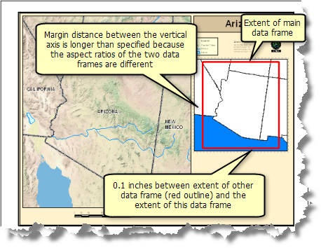 An example showing an overview map, the smaller map on the right, whose extent is based on the extent of the main data frame and includes a margin of 0.1 inch.