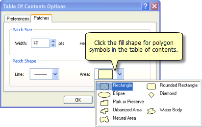 Setting the appearance of area symbols in the table of contents