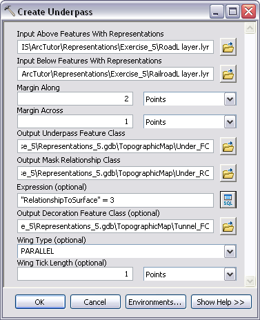 Verify the parameter values in the Create Underpass are the same as shown in the example.