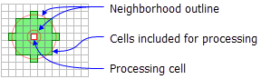 Focal statistics with default annulus neighborhood illustration