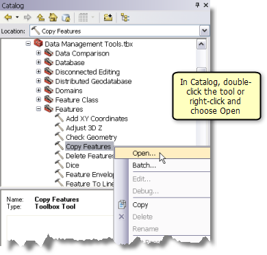 Opening the tool dialog from the Catalog window