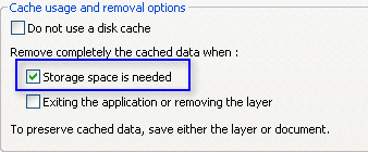 ArcGlobe Layer Properties, Cache tab. Checking the option to delete a layer's disk cache when space is needed.