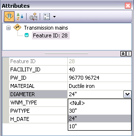 Drop-down list showing coded value domains for pipe diameter