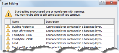 Basemap layer warnings in the Start Editing dialog box