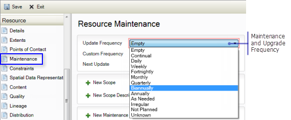 Describe how often the item's data is updated on the Maintenance page under the Resource heading