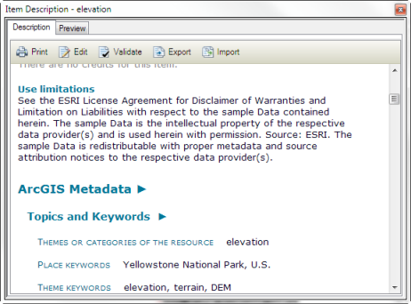 If a metadata style gives you access to full ArcGIS metadata, it appears at the bottom of the short description
