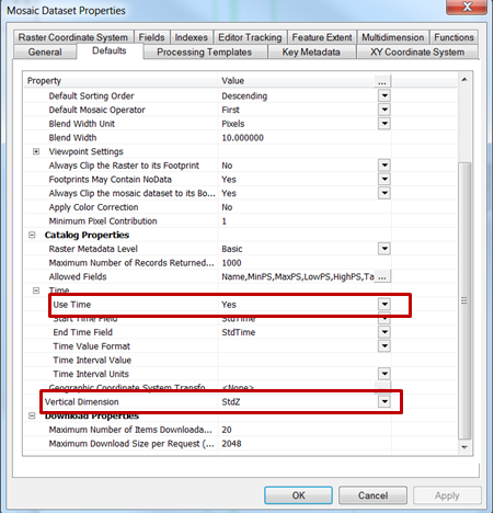 Mosaic Dataset Properties - Defaults tab