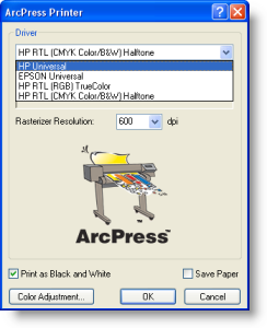 Choosing the ArcPress printer driver