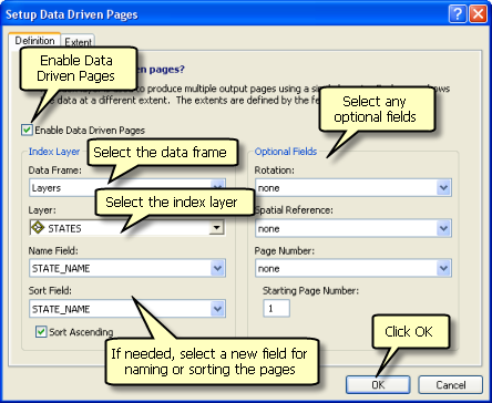 Definition tab on the Setup Data Driven Pages dialog box