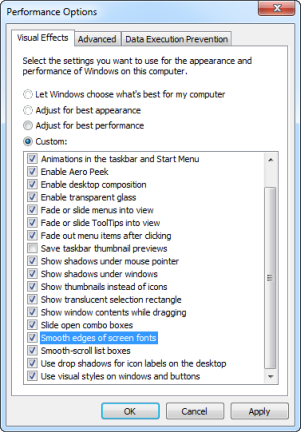 The Windows Performance Options dialog box, where font smoothing properties can be changed