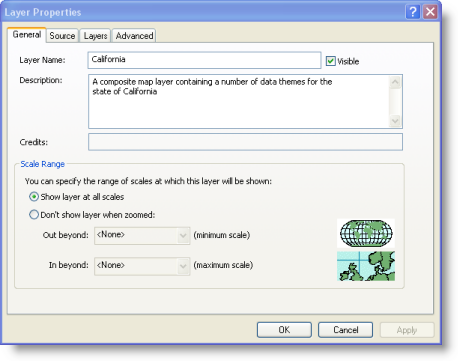 The Layer Properties dialog box for an ArcGIS map service