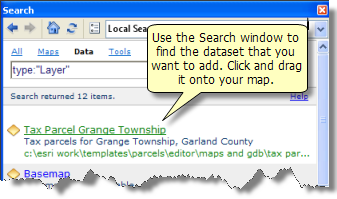 Adding a layer from the Search window