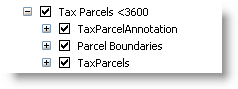 A group layer named Tax Parcels <3600