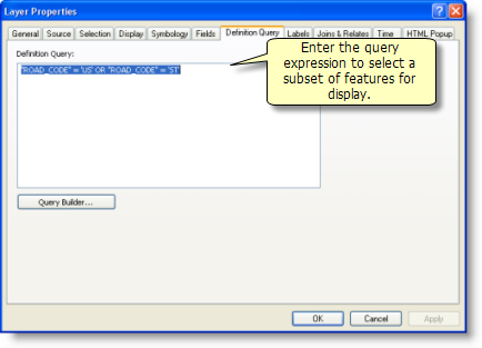 Entering a definition query to display a subset of features