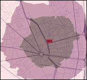 Service areas, by driving distance, along a network