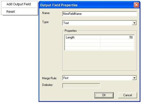 Field Map control context menu and Output Field Properties dialog box