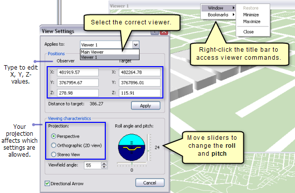 View settings for main and secondary view windows