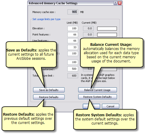 The ArcGlobe Advanced Memory Cache Settings dialog box. Manually allocate the memory usage for each data type, or use the buttons to automatically balance or restore memory usage settings. You can also save your allocation as the default for future documents.