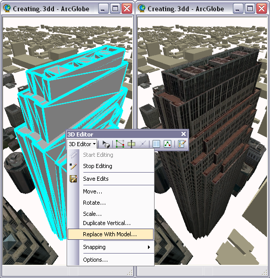 The before and after for replacing an untextured multipatch with a textured model