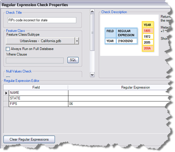 Regular Expression Check Properties dialog box