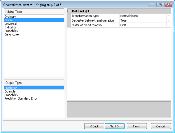 Simple Kriging with the trend removal, declustering and Normal Score transform options selected.