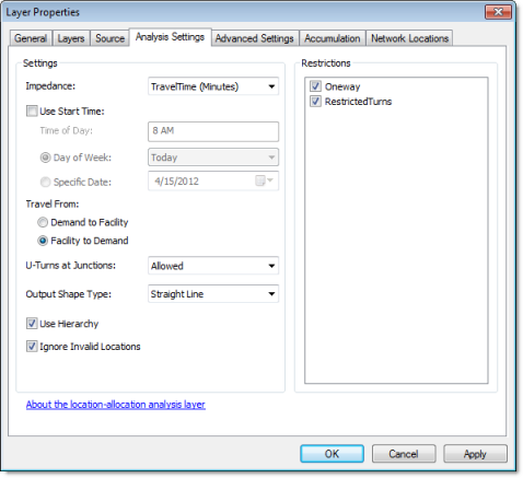 Analysis Settings for a location-allocation analysis layer