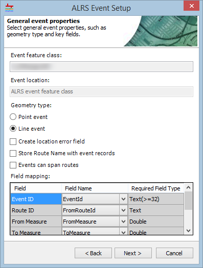 Geometry type and field mapping properties