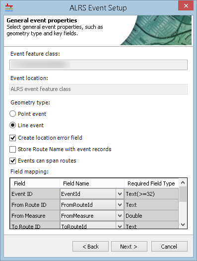 Geometry type and field mapping properties