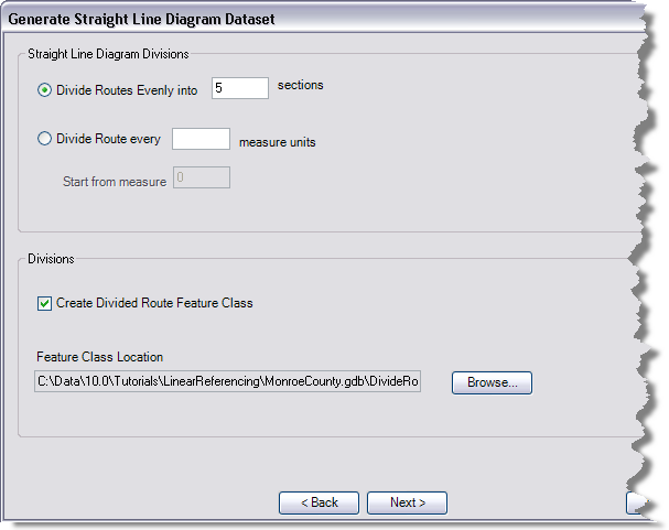 Generate Straight Line Diagram Dataset dialog box for dividing routes