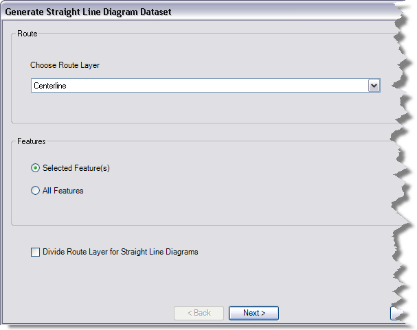 Generate Straight Line Diagram Dataset dialog box for route and feature selection
