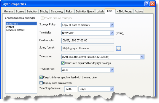 Many properties of a tracking layer can be changed on the Time tab