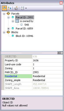 Attributes window showing features' attributes and the related tabular information