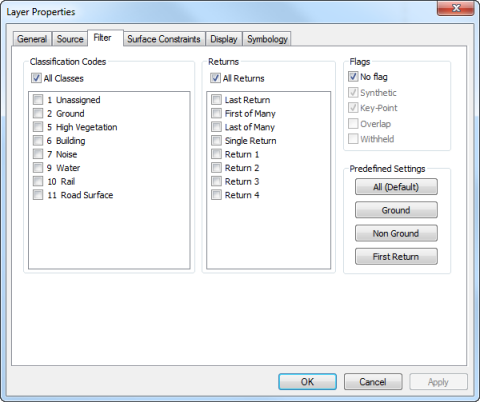 LAS dataset Layer Properties - Filter tab