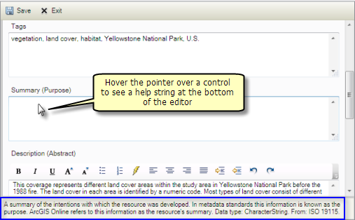 Hover the pointer over a control to see Help for that metadata element