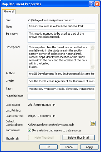 View and edit a map document's description in its Properties dialog box