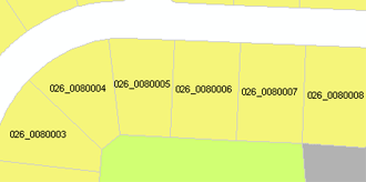 Parcels symbolized by type of land use and labeled with parcel ID values
