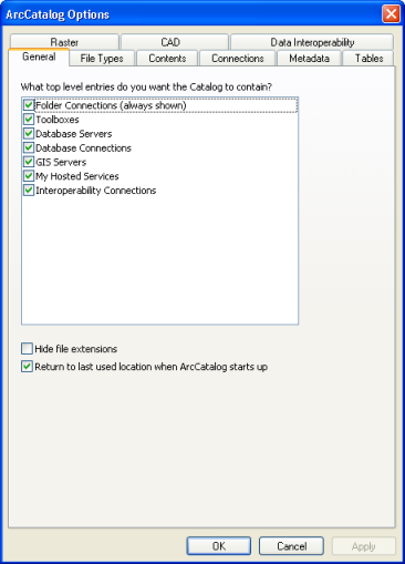 The ArcCatalog Options dialog box