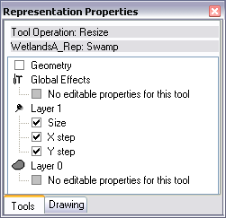 The Tools tab as it appears when the representation Resize tool is selected.