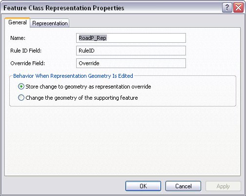 The Feature Class Representation Properties dialog box.
