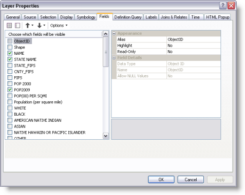 Setting field properties for a layer