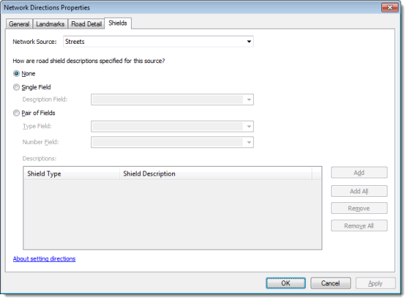 Network Directions Properties, Shields tab